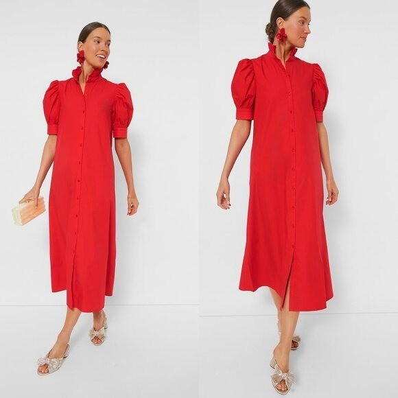 Hyacinth House NEW Red Ruffle Collar Louisa Puff Sleeve Cotton Maxi Dress XXL